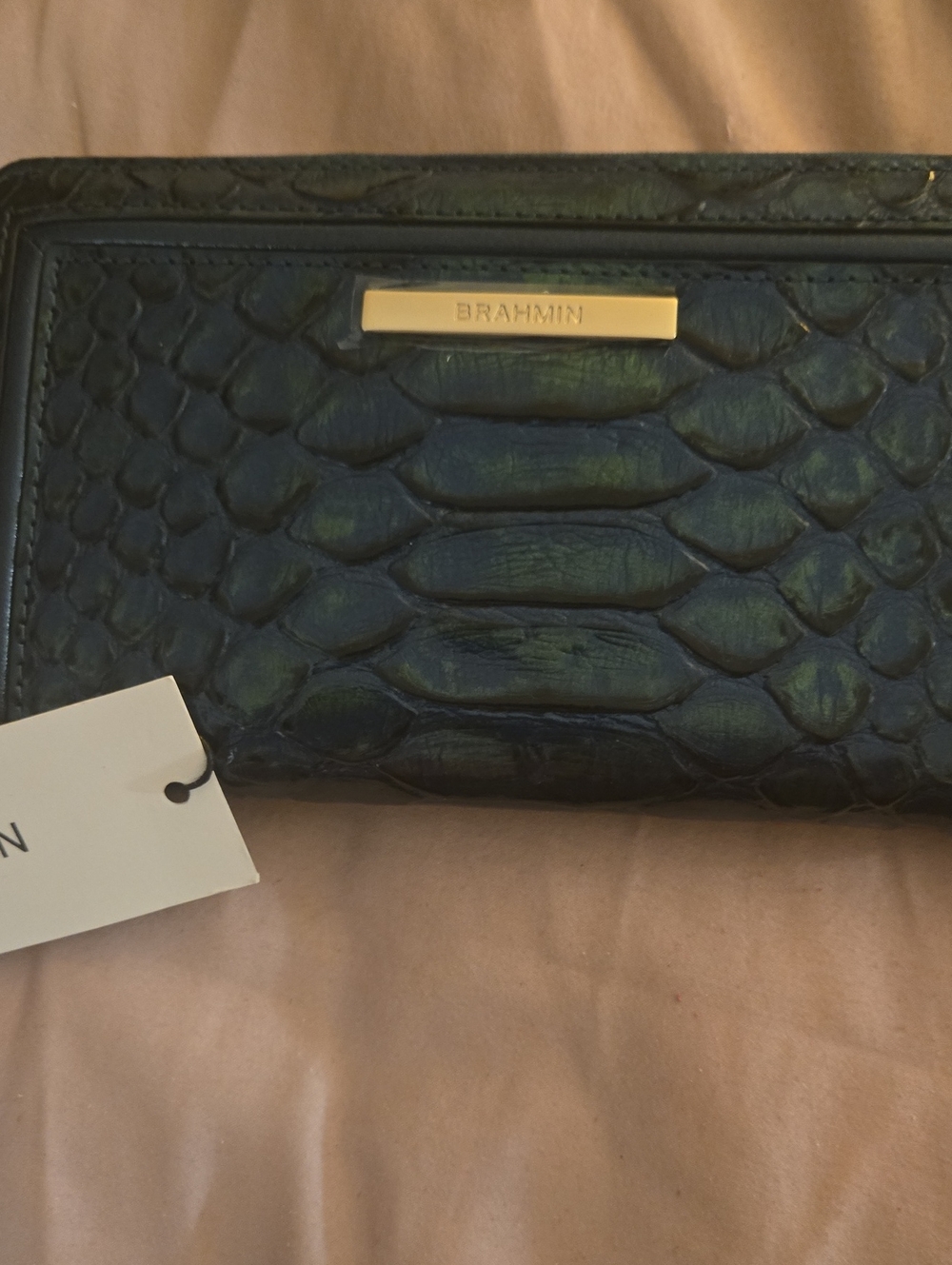Brahmin Blue/teal Irridescent  Embossed Leather Wallet with Gold Plaque. NWT